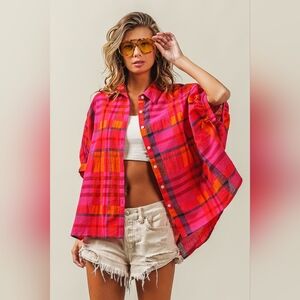 BiBi Button Up Dolman Sleeve Plaid Shirt